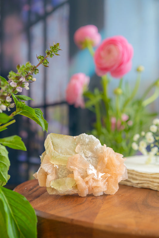 Green Apophyllite with Peach Stilbite and Okenite