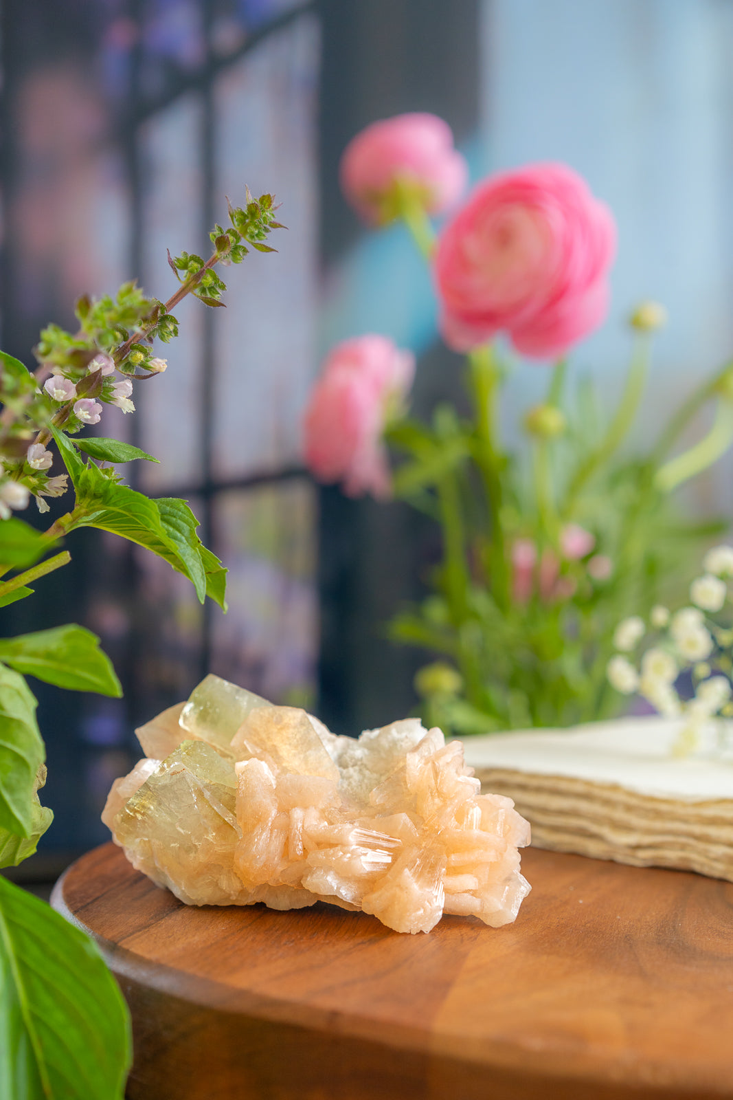 Green Apophyllite with Peach Stilbite and Okenite