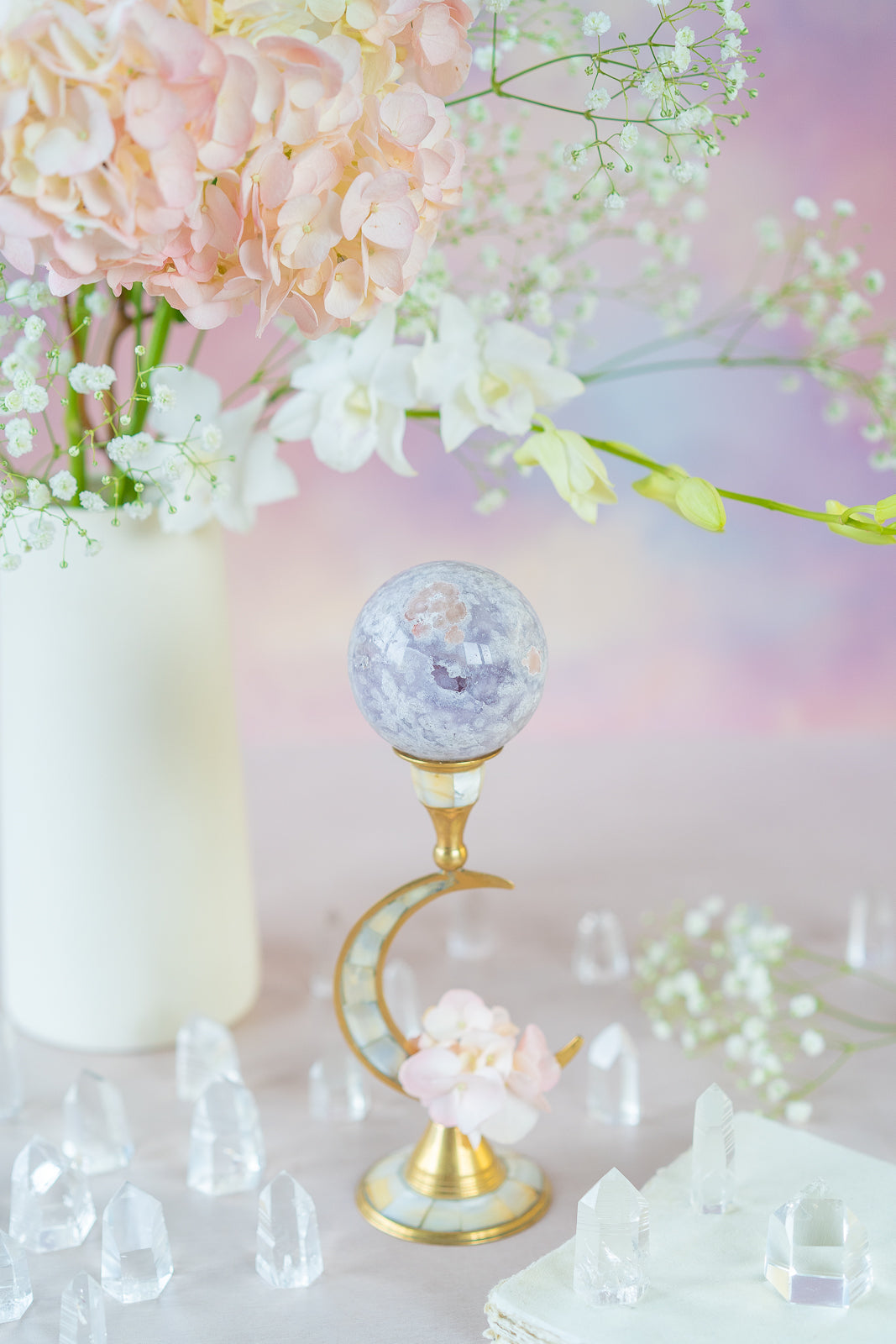 Flower Agate x Pink Amethyst Sphere