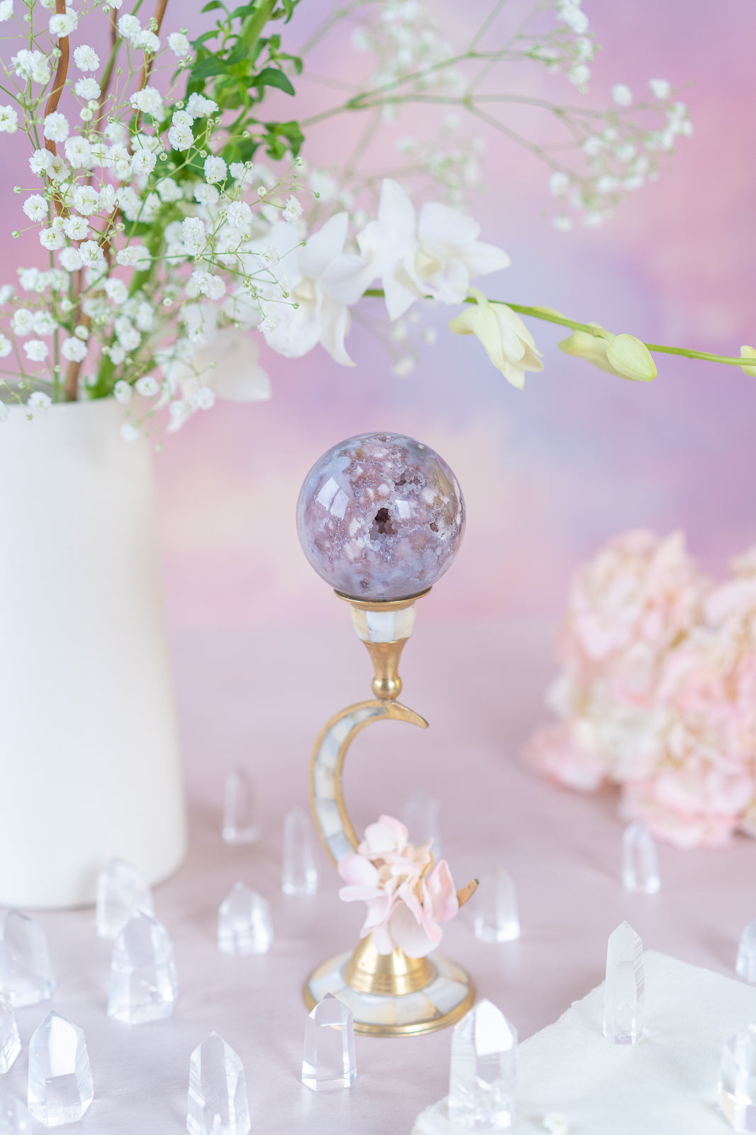 Flower Agate x Pink Amethyst Sphere