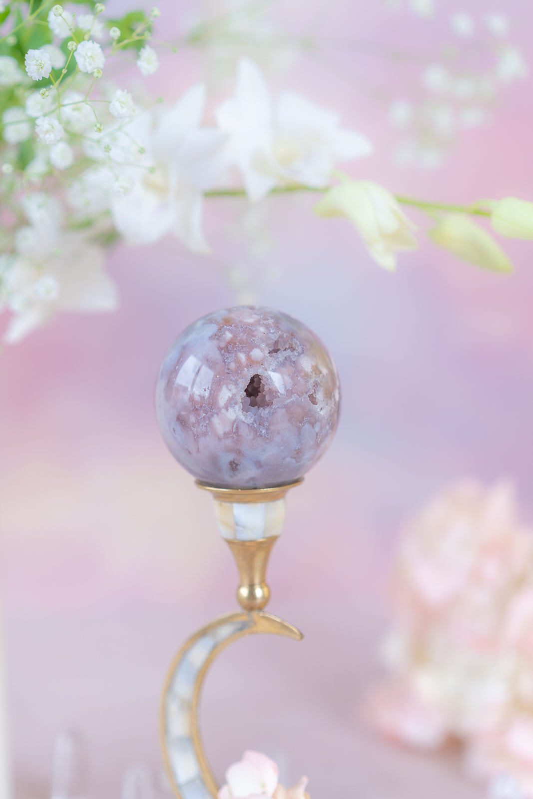 Flower Agate x Pink Amethyst Sphere