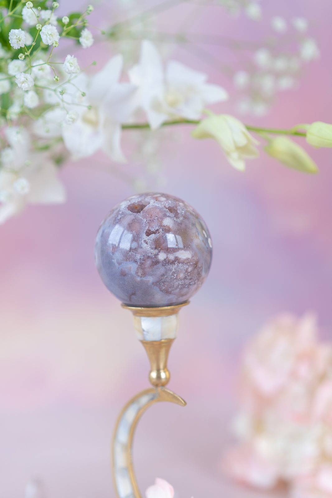 Flower Agate x Pink Amethyst Sphere