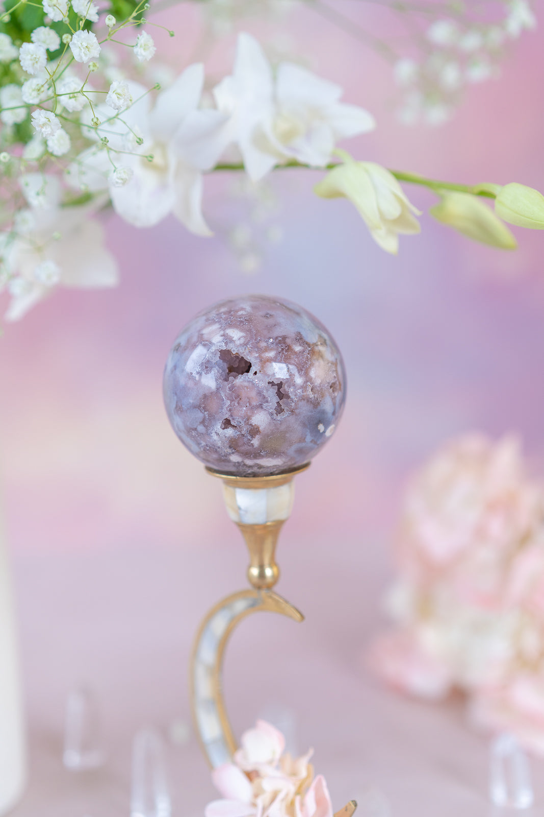 Flower Agate x Pink Amethyst Sphere