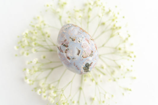 Sea Jasper Egg with Carnelian and Druzy