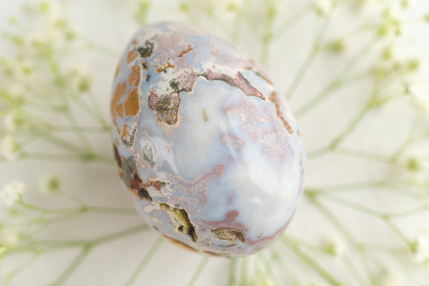 Sea Jasper Egg with Carnelian and Druzy