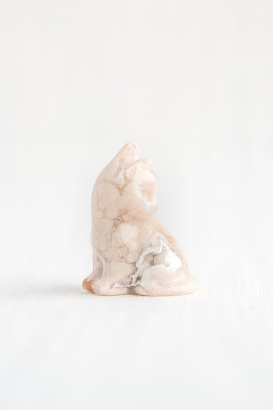 Flower Agate Kitten Carving with Druzy